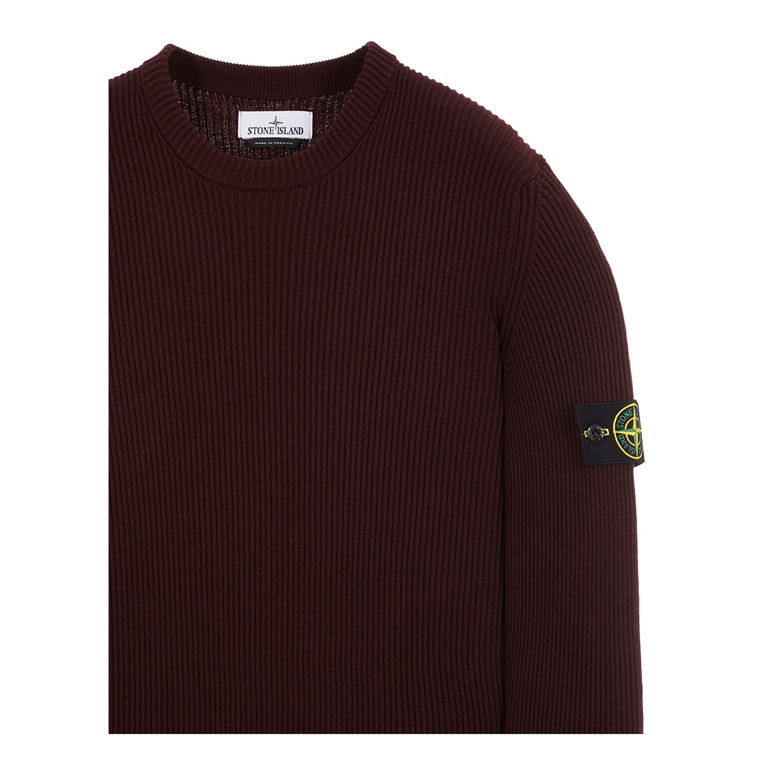 STONE ISLAND CREW NECK RIBBED WOOL JUMPER IN BURGUNDY