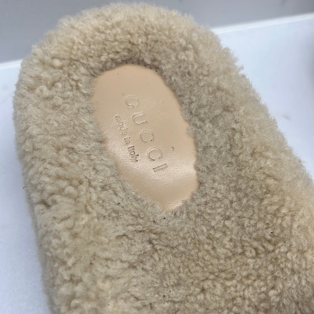 >PRE LOVED GUCCI LEATHER & SHEARLING MULES