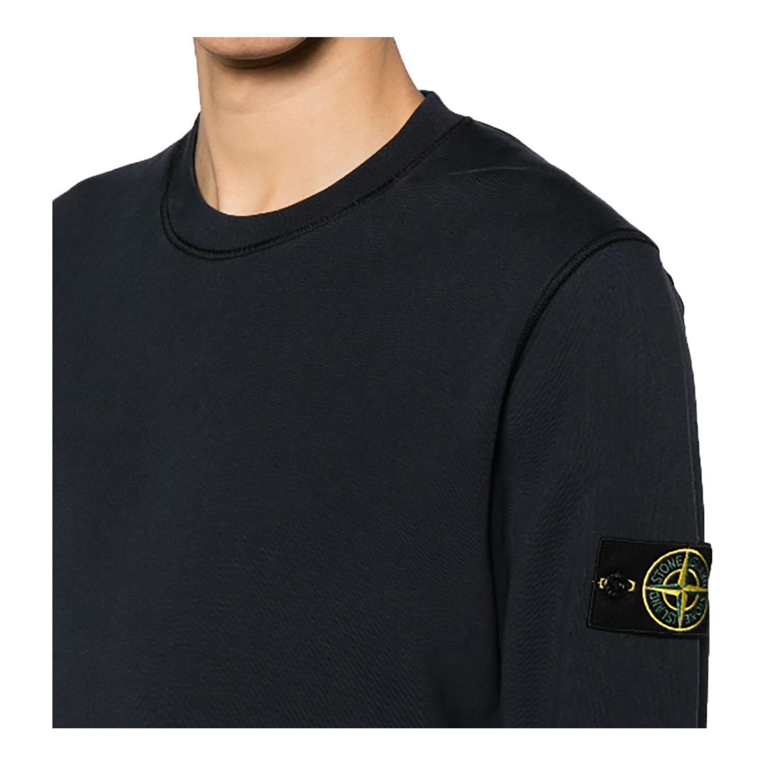 STONE ISLAND LOGO PATCH CREW NECK SWEATER IN NAVY BLUE