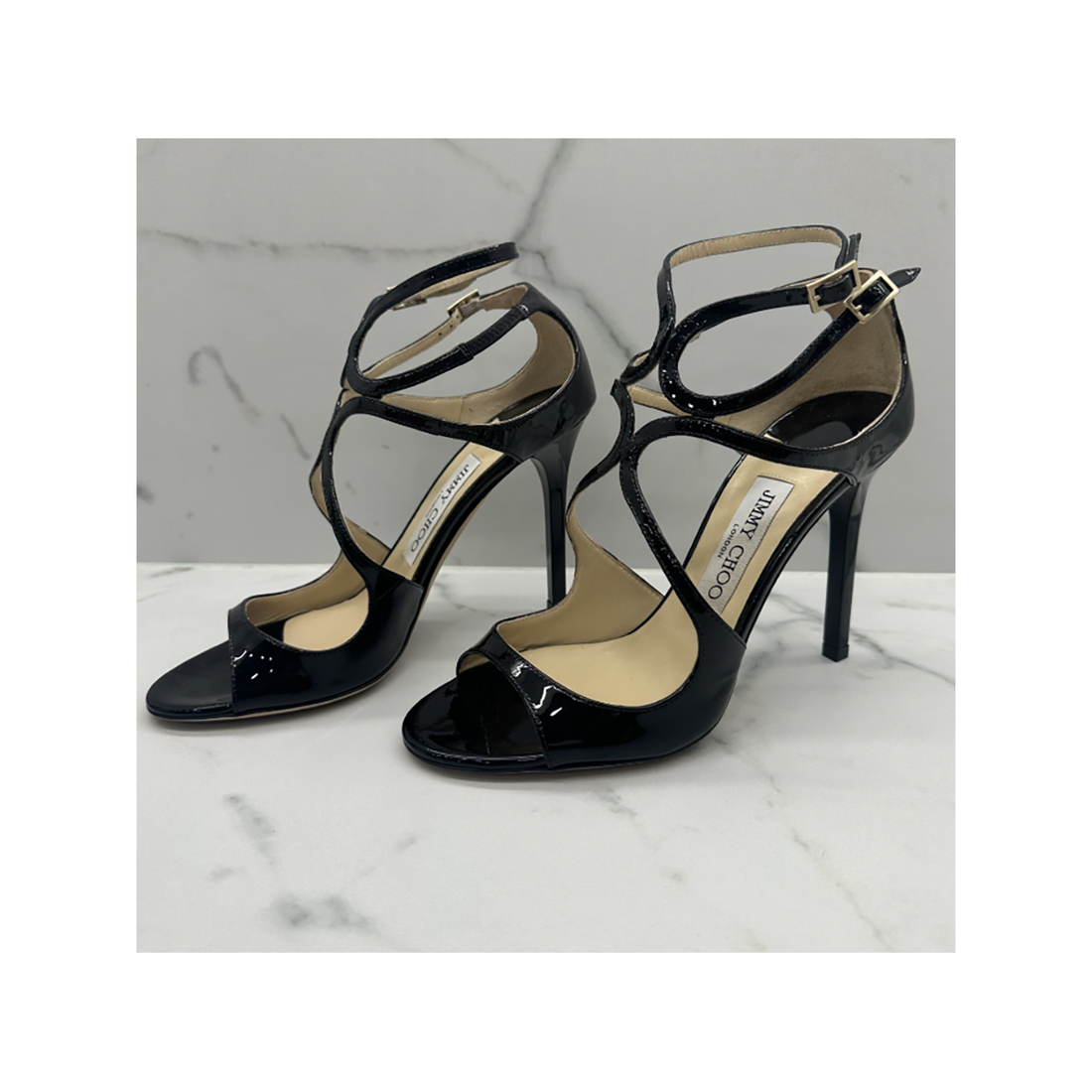 PRE LOVED JIMMY CHOO PATENT CALFSKIN LANG SANDLES IN BLACK