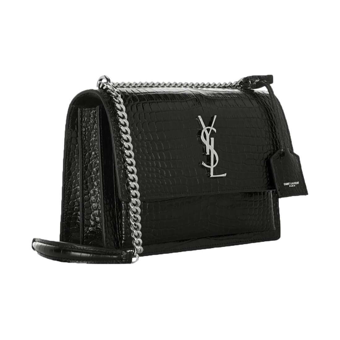 YSL SAINT LAURENT MEDIUM SUN-SET CROC EMBOSSED BAG IN BLACK