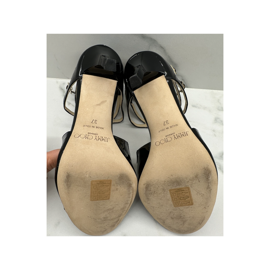 PRE LOVED JIMMY CHOO PATENT CALFSKIN LANG SANDLES IN BLACK