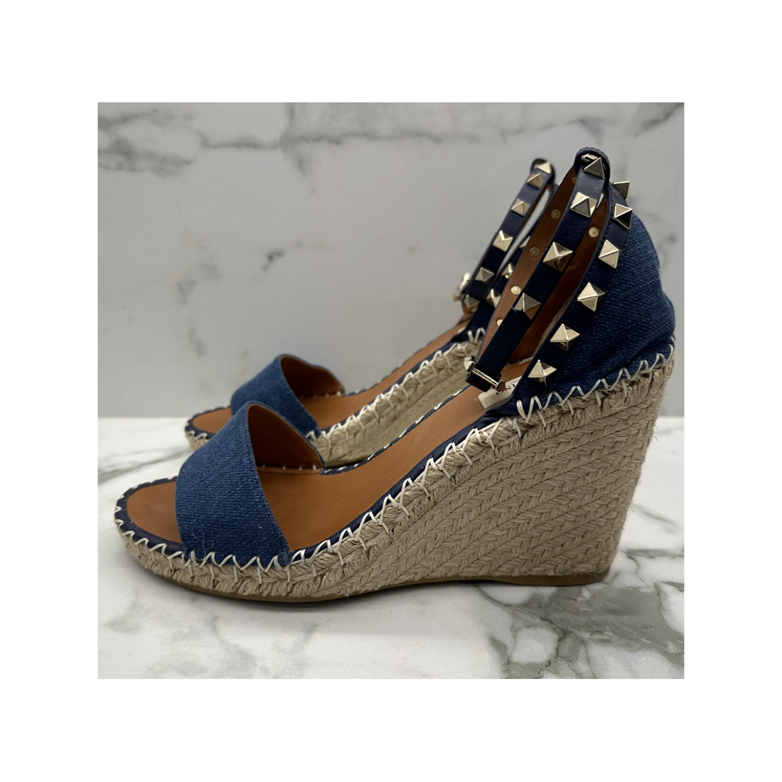 PRELOVED VALENTION GARAVANI DENIM ROCKSTUD WEDGES IN DENIM